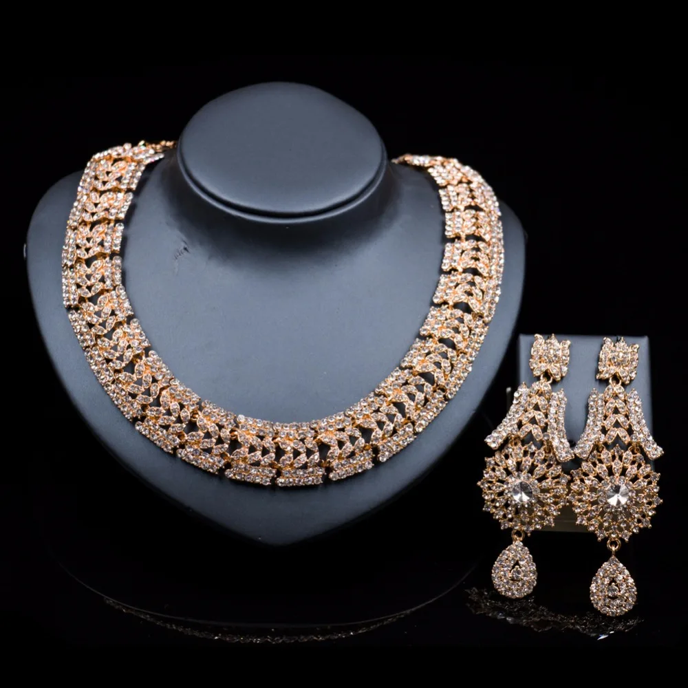 High Quality Rhinestone Hollow Necklace Jewelry Sets for Women African Wedding Bridal Party Crystal Dress Accessories | Украшения и
