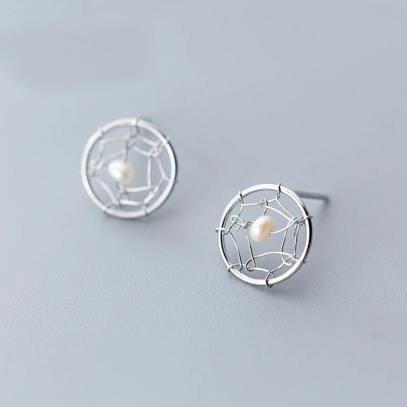 

MloveAcc Original Design 925 Sterling Silver Stud Earrings Creative Fresh Pearl Round Dreamcatcher Silver Earrings