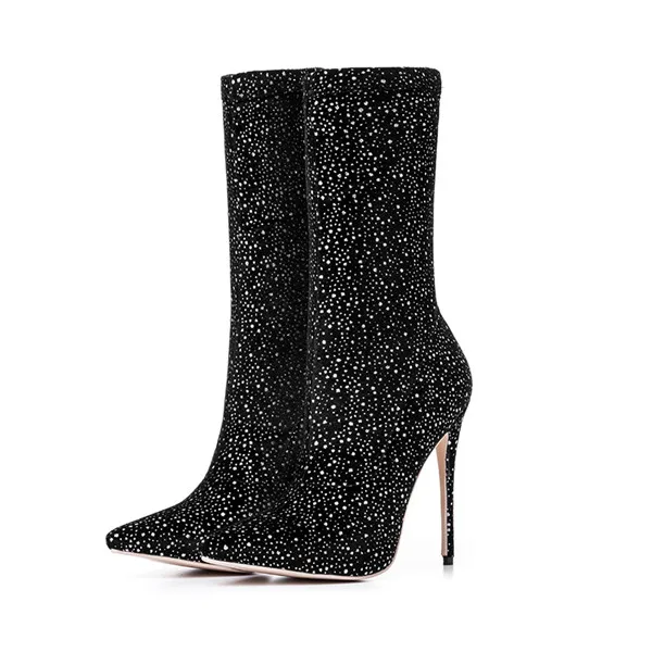 Black Short Boots Mstacchi/Женская обувь, сапоги до середины икры, модные сапоги из эластичной ткани на тонком высоком каблуке с острым носком, зимние женские сапоги, размеры 34-43 - Цвет: Black Short Boots