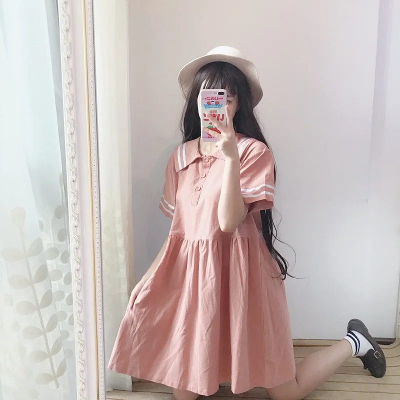 Японский розовый матросский цвет Kawaii платье для женщин весна осень сладкий вышивка лоскутное короткий рукав школьное платье T365