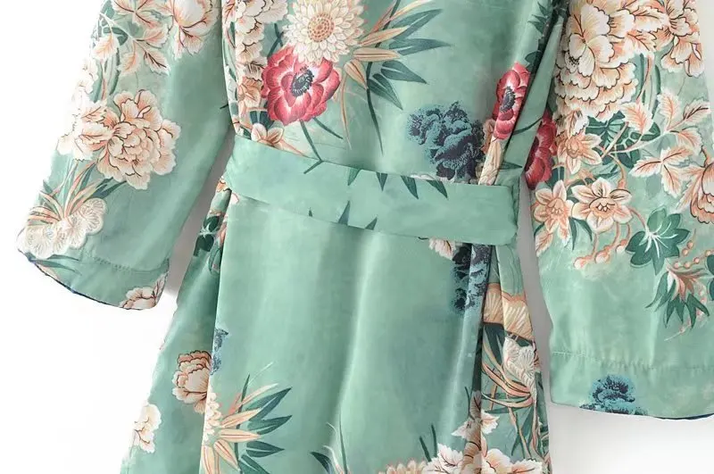 Большой Винтажный Зеленый цветочный принт длинное кимоно кардиган блузки с