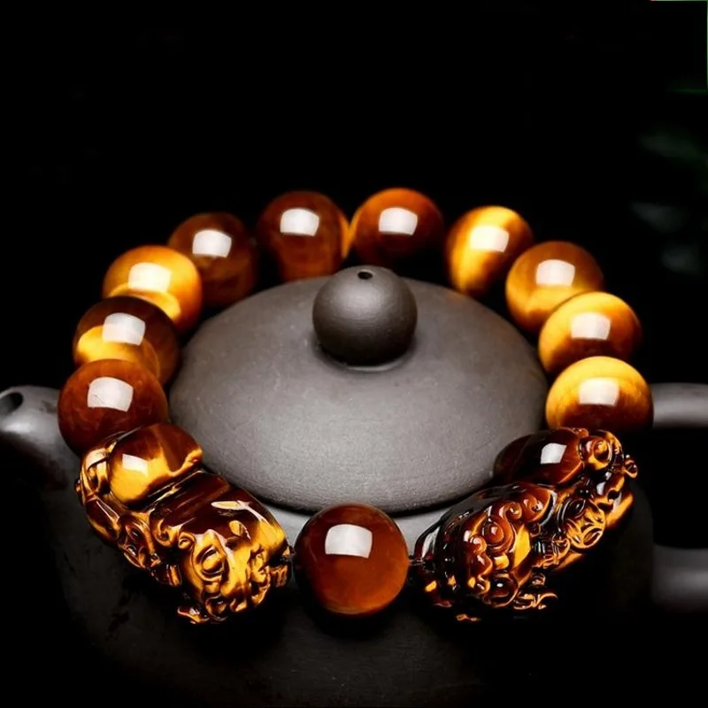 Wholesale JoursNeige Yellow Tiger Eye Natural Stone Bracelets 12mm Round Beads Double PiXiu Bracelet for Lovers Energy Jewelry | Украшения