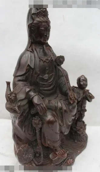 YM 320 12&quot Lucky Chinese Fengshui Bronze Kwan-yin Guan Yin Goddess Bring Kid Boy Statue | Дом и сад
