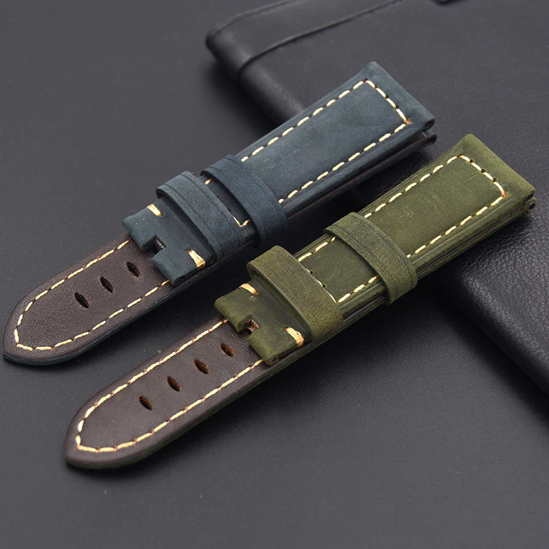 

New Men blue green 22mm 24mm Handmade Italian Vintage Genuine Leather Watch Band Strap No buckle Watchband Strap for Panerai PAM