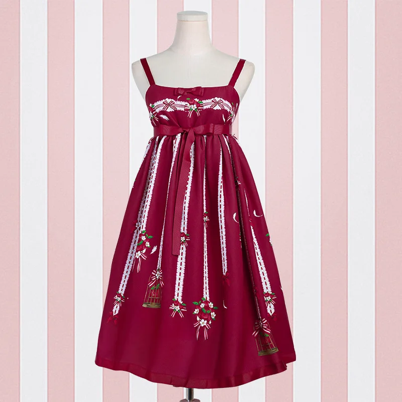 Burgundy High Waist Милое Повседневное платье в стиле Лолиты JSK, милое платье миди с цветочным принтом для женщин - Цвет: Burgundy High Waist