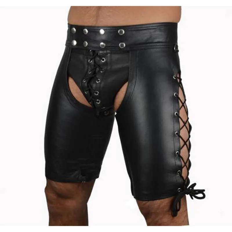 

New Hot Men's Black Sexy Tight Leather Latex PVC Stitching Slim Shorts Buckled Pouch Nightclub Gay Fetish Wetlook Latex Short