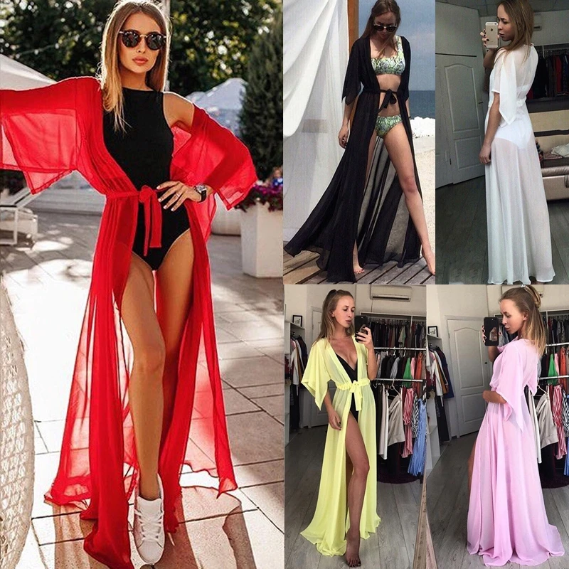 

Summer Women Swimsuit Bikini Cover Up Sexy Beach Cover Ups Chiffon Long Dress Elegant Solid Beach Bathing Suit tunic kaftan