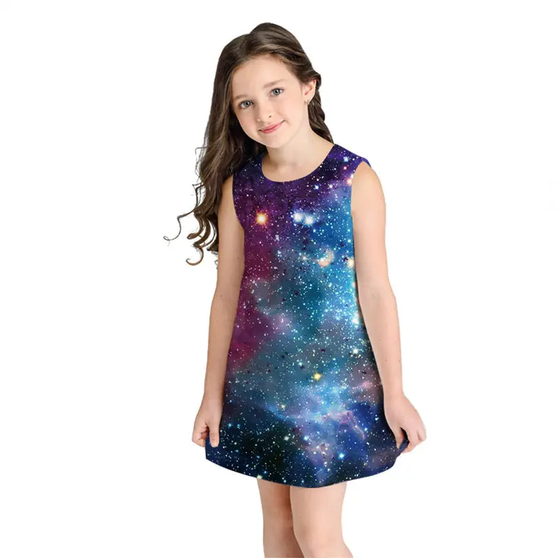 Cat Space Galaxy Print Girls Dress Summer Floral Sleeveless Princess Beach Party Sundress Kids 8 9 10 11 years | Детская одежда и
