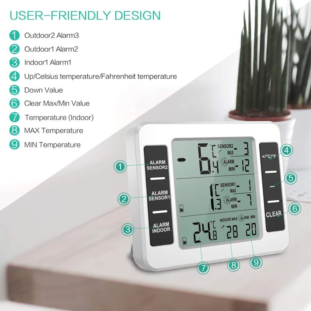 

Беспроводной цифровой звуковой телефон, термометр с 2 датчиками мин/Макс дисплей, внутренний и наружный термометр, домашний декор