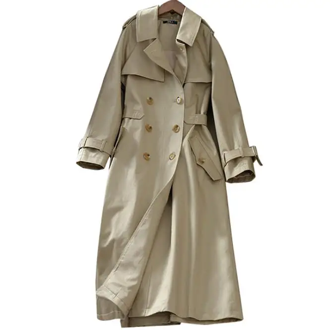 

Spring Fashion Double Breasted Mid-long Trench Coat Women Khaki Slim Belt Windbreaker