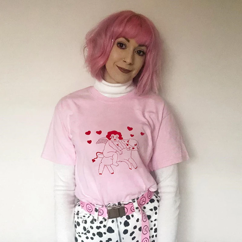 Sweetown розовый короткий рукав милый длинный негабаритных футболка Harajuku Kawaii Мультфильм Графический футболки для женщин корейская мода одежда рубашка