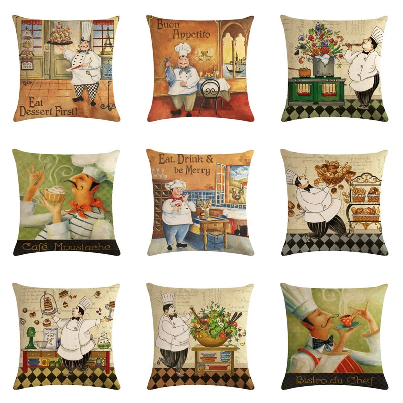 

Cartoon Fat Cook Series Cushion Cover Cotton Linen Grilled Fish Cake Home Decorative Pillows Cover for Sofa Cojines Pillowcases
