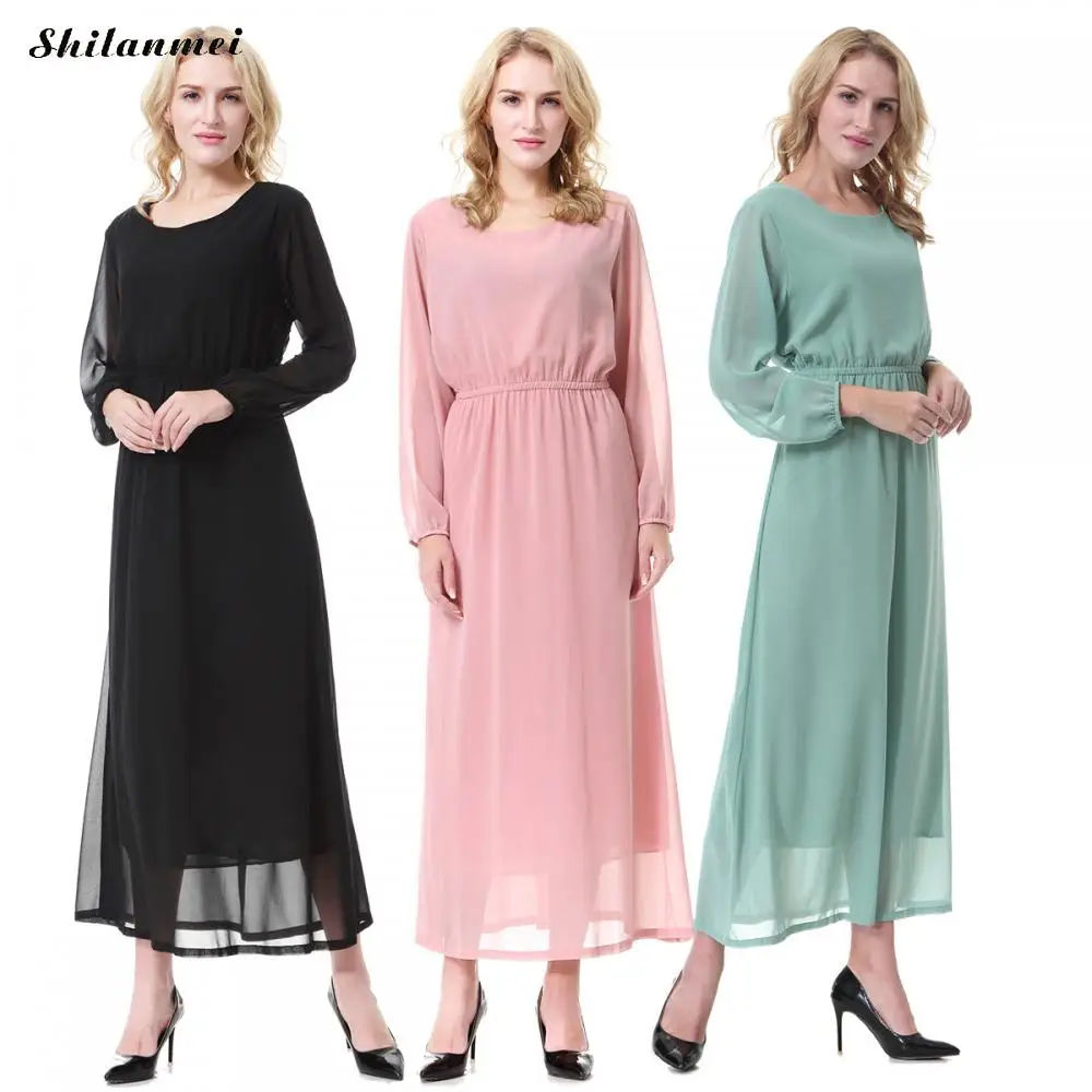 Женское шифоновое мусульманское платье макси с длинным рукавом Musulman Abayas розовое