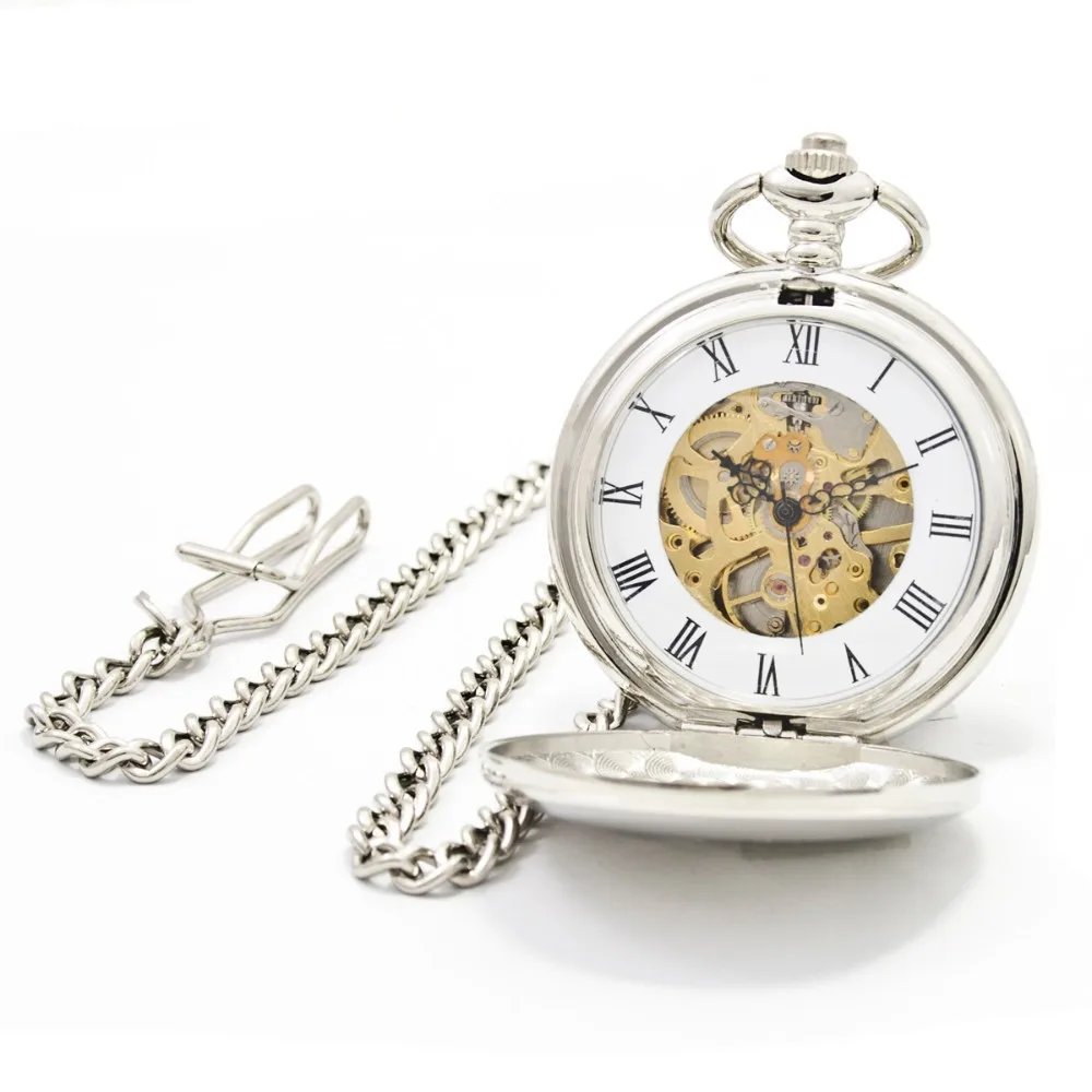 Fashion Silver Smooth Steel Steampunk Mechanical Pocket Watch Men Women Necklace Gift FOB Vintage Skeleton Pocket Watch