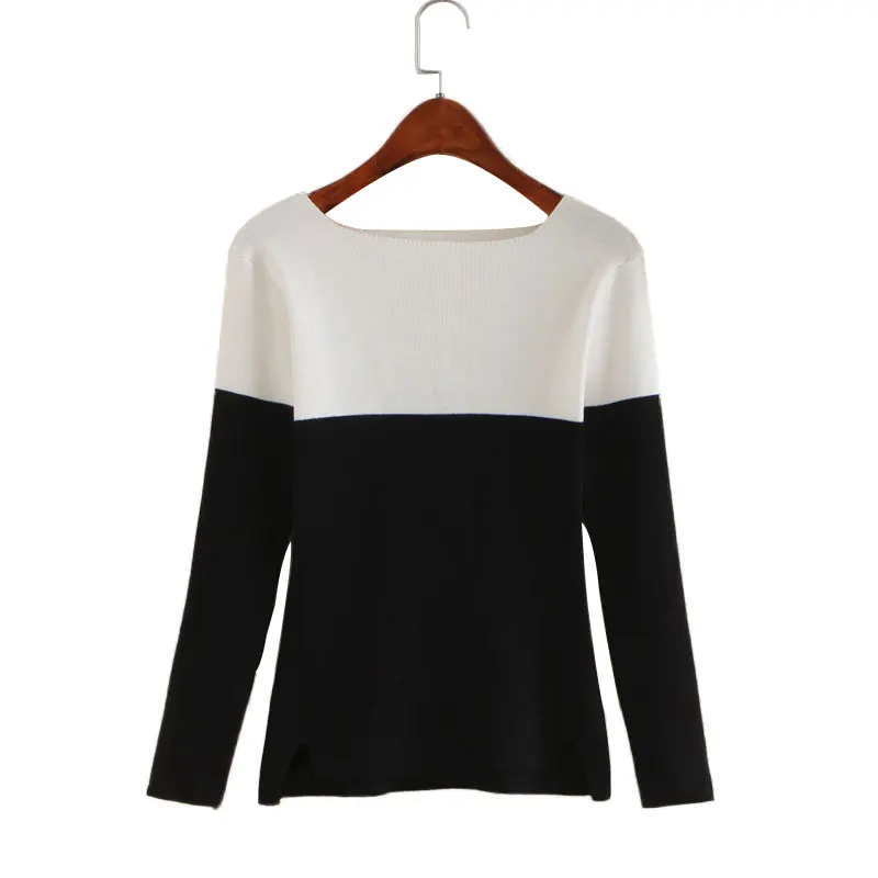 2018 Spring And Autumn Winter Women's Sweater Long-sleeved Splicing Word Collar Pullover Soft Warm Short Section Fashion | Женская