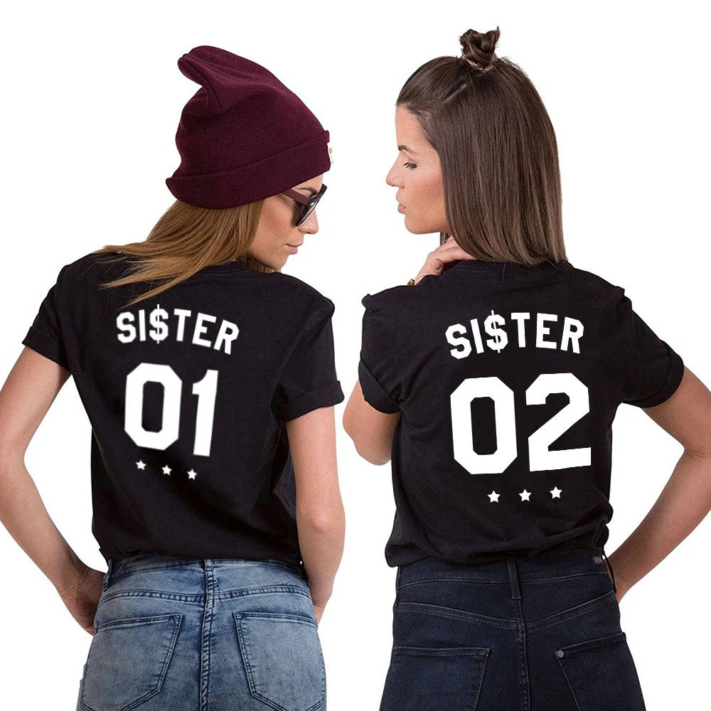 

Best Friends Shirts Fashion INS Tumblr Chic BFF T Shirt Women Plus Size Letter Tshirt Femme Sister 01 Sister 02 T-Shirt Female