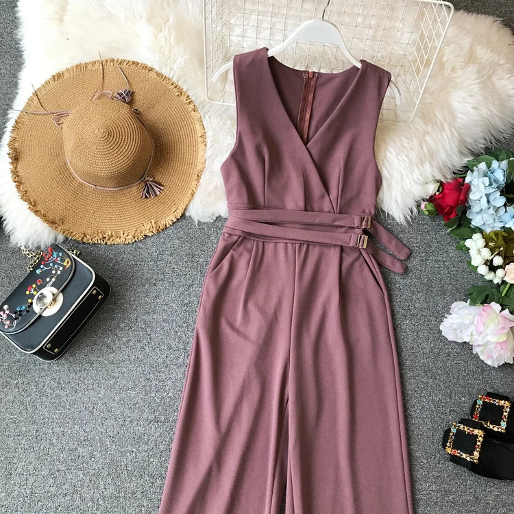 ALPHALMODA весенние женские однотонные комбинезоны без рукавов с v-образным вырезом и высокой талией с поясом Женские повседневные Комбинезоны с широкими штанинами
