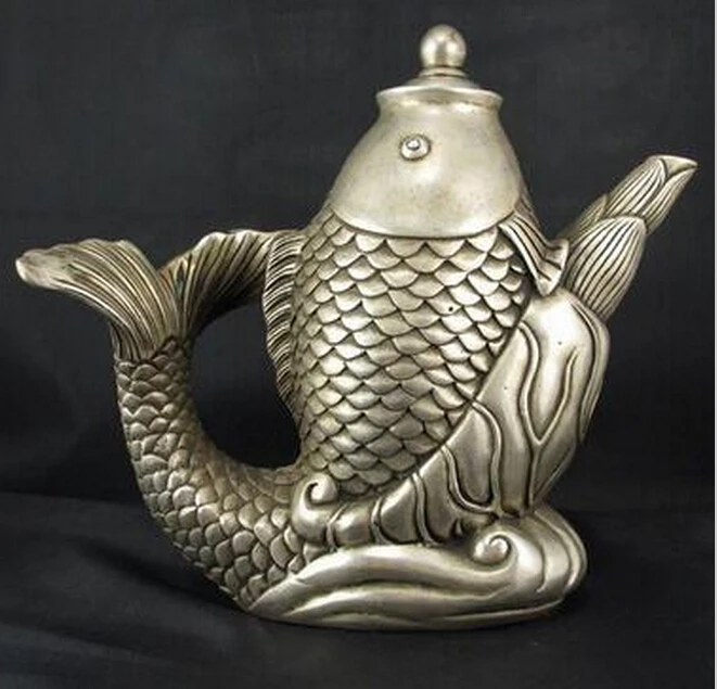 WBY912 + Китайская белая медная Серебряная Статуэтка рыбы винный чайный горшок