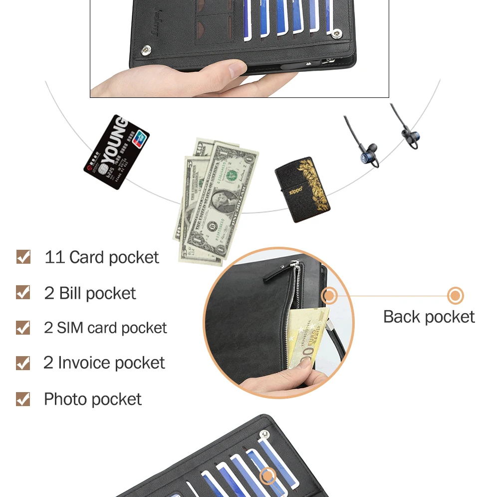 business Long wallet for Men Large Leather Male Wallets Three Layers Men purse Card Holder Money Bag Zipper Men Clutch Wallet