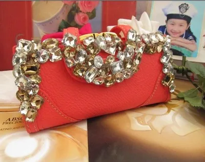 Red Кошелек с кристаллами, женские клатчи, роскошные сумки, держатель для карт, вечерняя сумочка, черный Свадебный Кошелек, коровья кожа, кошелек, дамские подарочные сумки - Цвет: Red