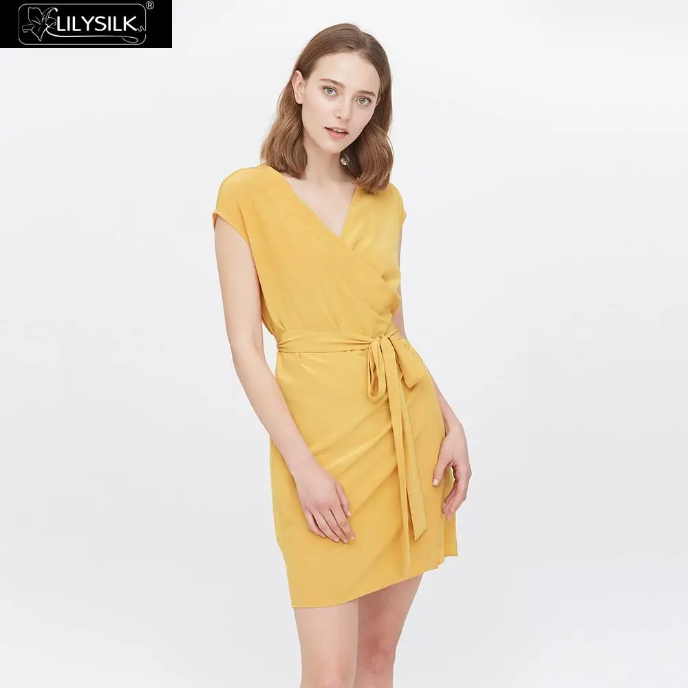 Tan LilySilk/Элегантное Шелковое Платье с v-образным вырезом; Новинка; - Цвет: Tan