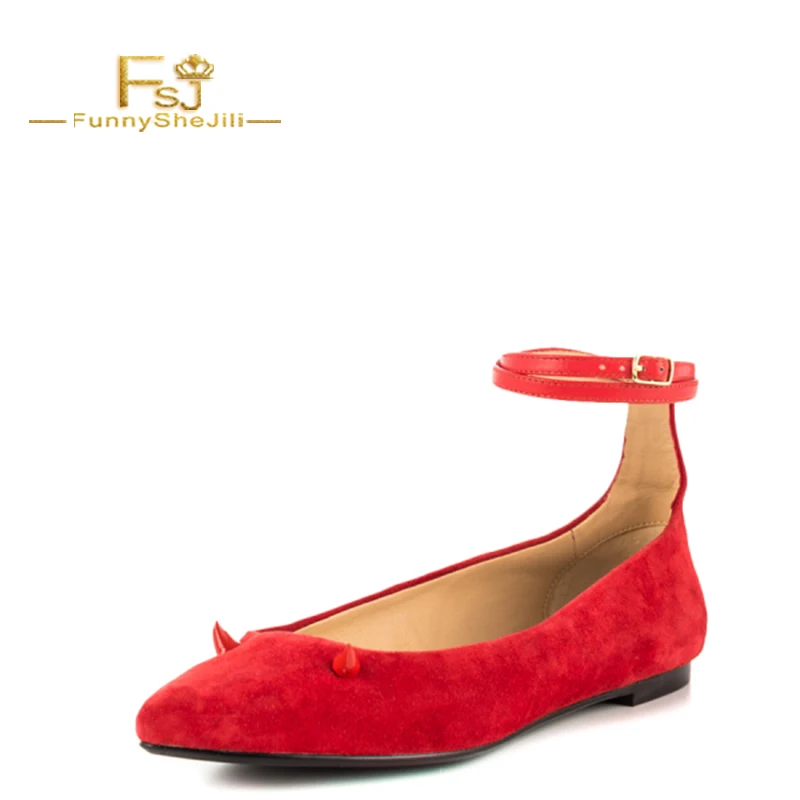 

Red flock Shoes Ankle Strap Little Demon Comfortable Flats FSJ Woman Shoes Retro Ankle Strap Pointed Toe Party Ballet Flats 16
