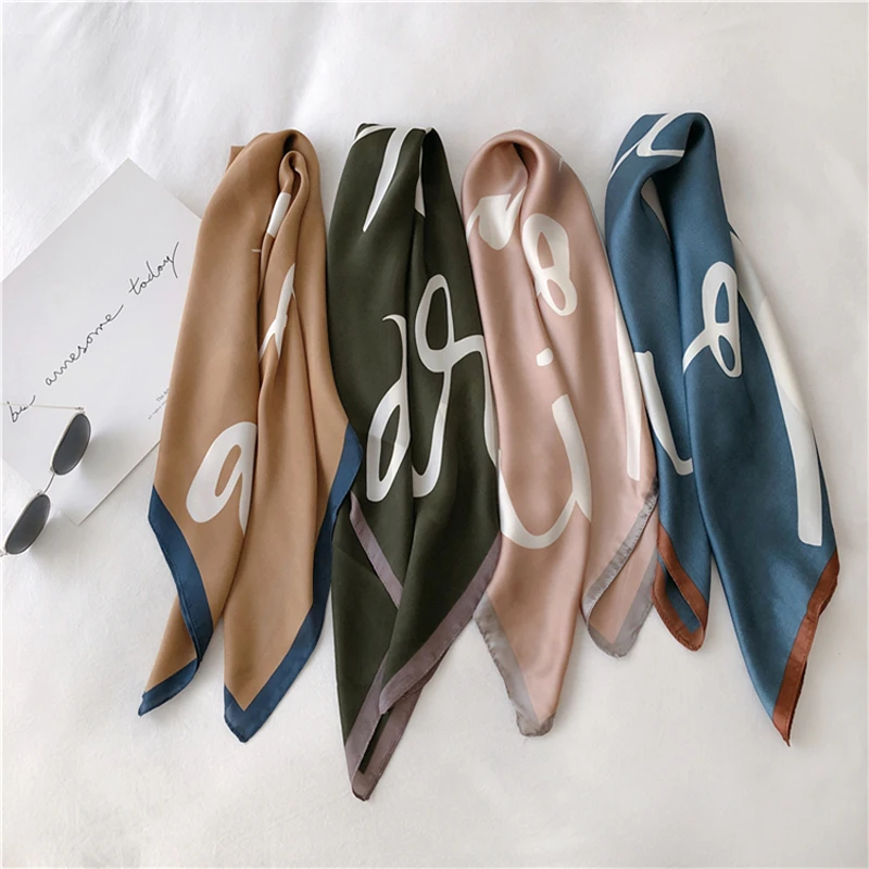 

Luna&Dolphin Women Small Square Scarf 70x70cm Letters Print Peacock Chiffon Silk Scarves Office Lady Champagne Headbands Bandana