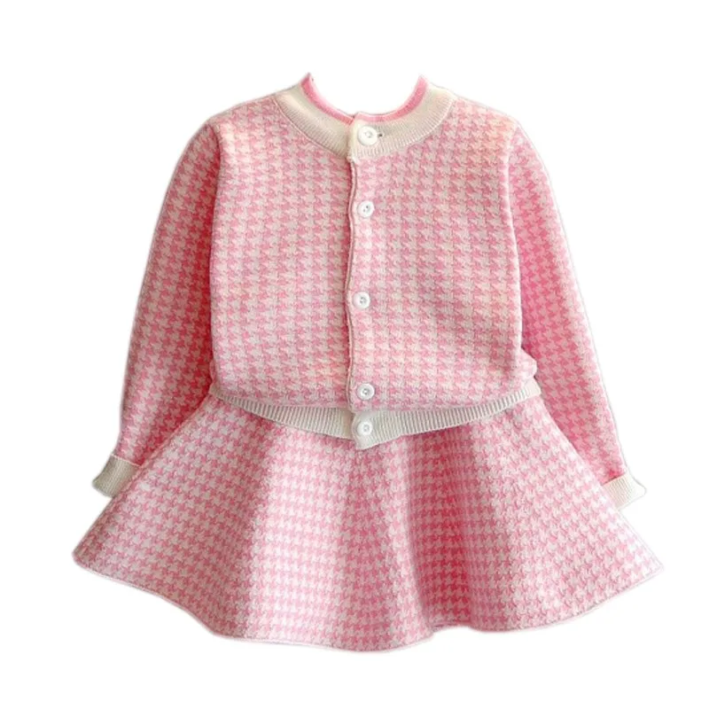 Комплекты одежды для девочек детские вязаные костюмы в гусиную лапку клетчатая