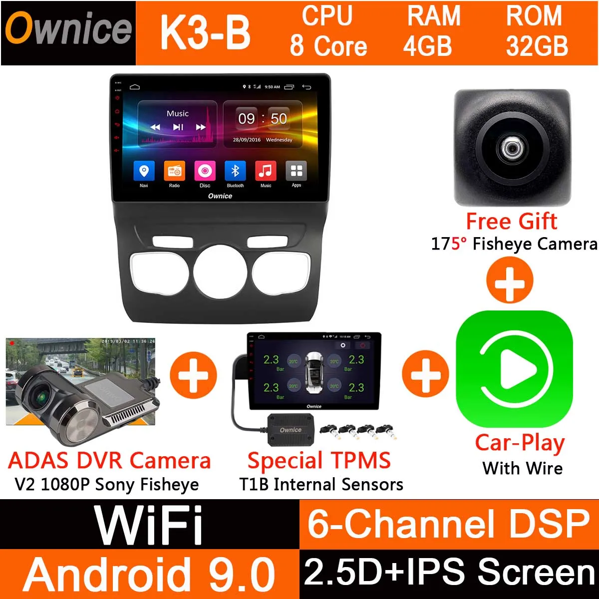 K3B-CarPlay-TPMS-DVR Восьмиядерный 10," ips Android 9,0 автомобильный DVD gps навигационный плеер стерео для Citroen C4 C4L DS4 2011- радио LTE CarPlay DSP - Цвет: K3B-CarPlay-TPMS-DVR