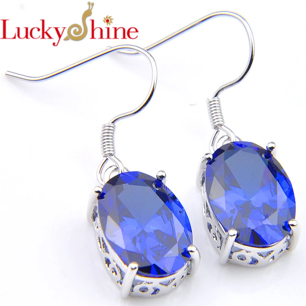 

Luckyshine Simple Design Blue Crystal Zircon Gems Earrings Vintage Silver Color Oval For Women Dangle Hook Earrings 10*14 mm