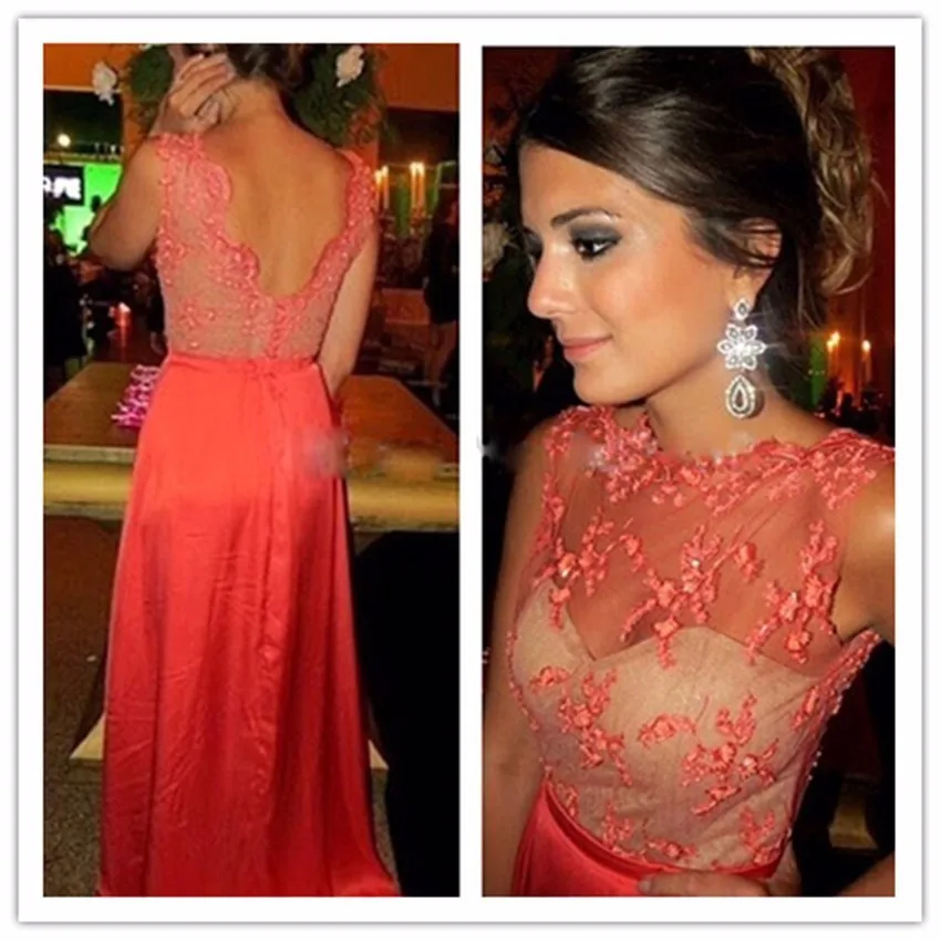 Vestido De Festa Коралловое иллюзионное декольте кружевной лиф шифоновое