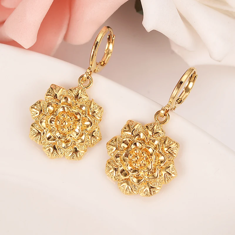 

Gold African Dubai Filled Women's Drop Earring flower Dangle Earring Charms Jewelry Earrings brincos Vintage girls kids gift