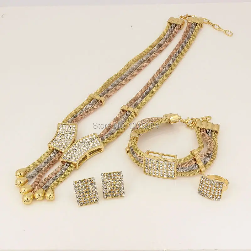 New Year Sales~ Three Tone Charms Choker Dubai Elegant Women Gifts Necklace Bracelet Earring Ring Sets Crystal Jewelry | Украшения и