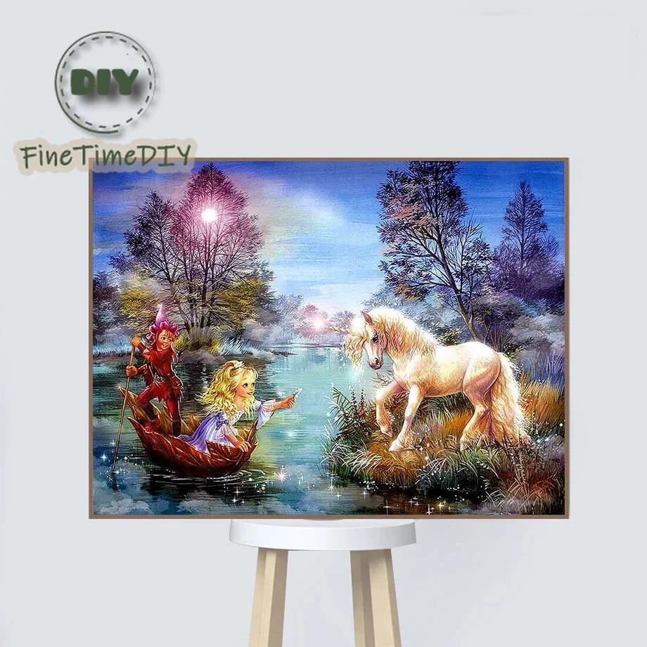 FineTime DIY Алмазная картина Декорации для девочек и лошадей из страз полная круглая