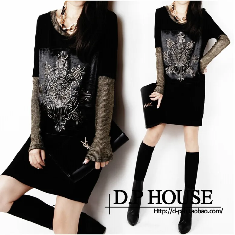 2016 винтажное платье для женщин зимнее с длинными рукавами и блестками принтом