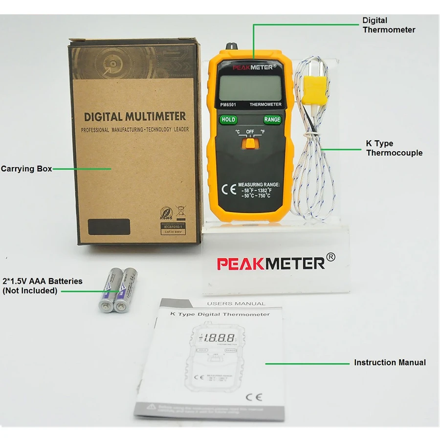 PEAKMETER PM6501 High Accuracy LCD Wireless Digital Thermometer K-type Temperature Meter with Thermocouple Probe Data Hold Key |