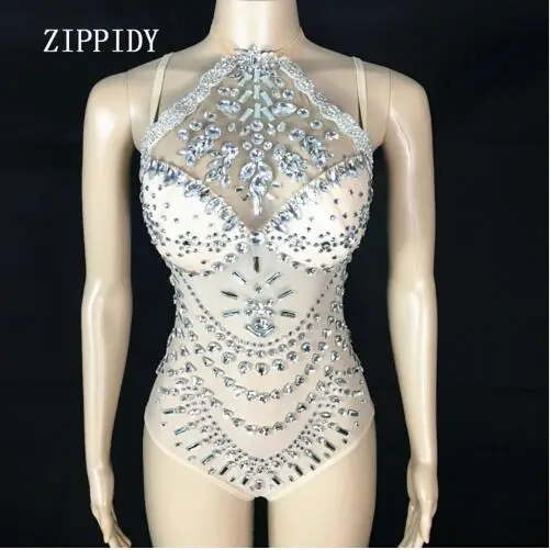Flashing Glass Rhinestones Bodysuit Silver Stones Stretch Outfit Female Singer Costume Women's Party Wear Sexy Mesh Bodysuits