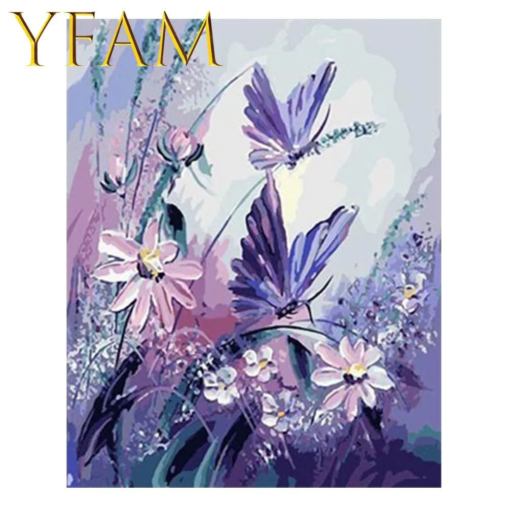 Фиолетовый цветок Миньоны бабочка Краски ing по номерам DIY ручной акрил рисунок из