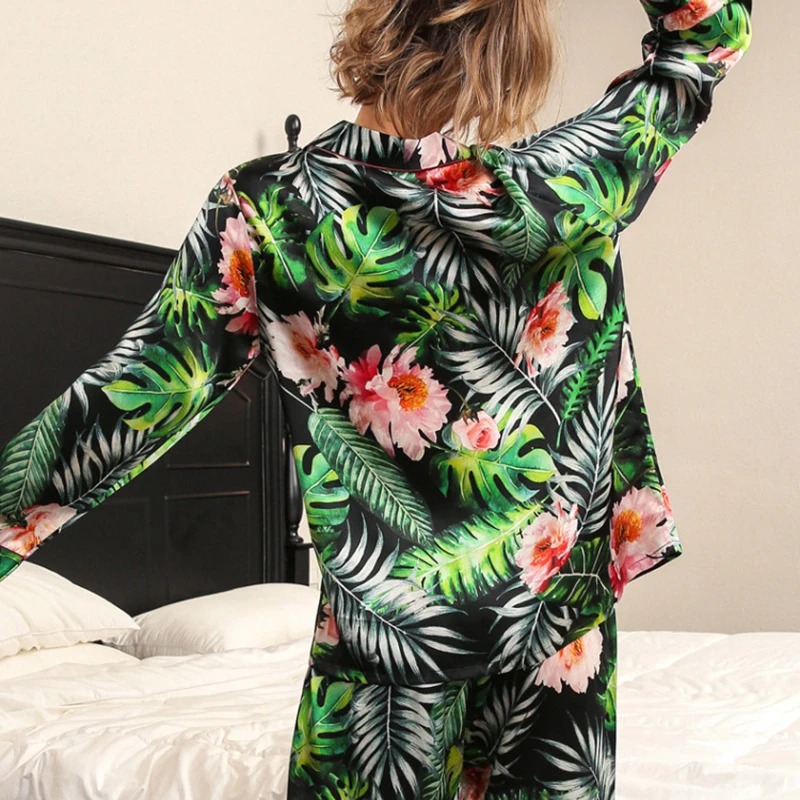 Heavy Silk Pajama Female Spring Autumn Sexy Real Silk Sleepwear Fashion Printed 100% Silkworm Silk Woman Pyjama Sets T8190
