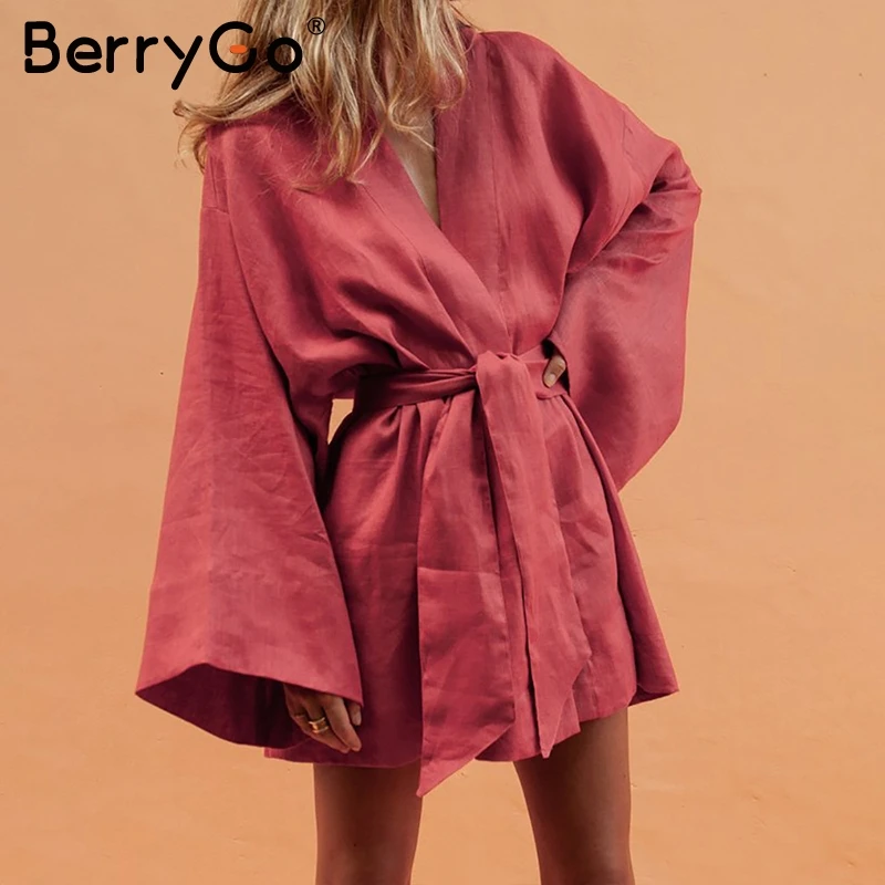 Женское платье-кимоно BerryGo хлопковое белое Повседневное платье с длинным рукавом