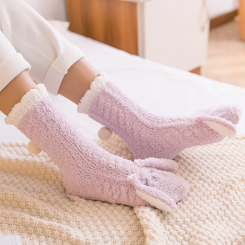 1 пара Harajuku забавное носки с животными зимние Бархатные Теплые мягкие домашние носки-тапочки Kawaii Девочки Женские кролик сова Пушистые Носки для сна