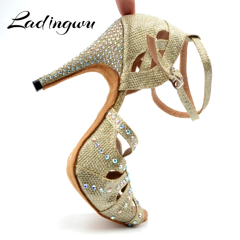 Ldaingwu New Golden/Silver Shoes For Ballroom Dancing Woman Flash Cloth Collocation Shine Rhinestone Latin Dance Shoes Women's