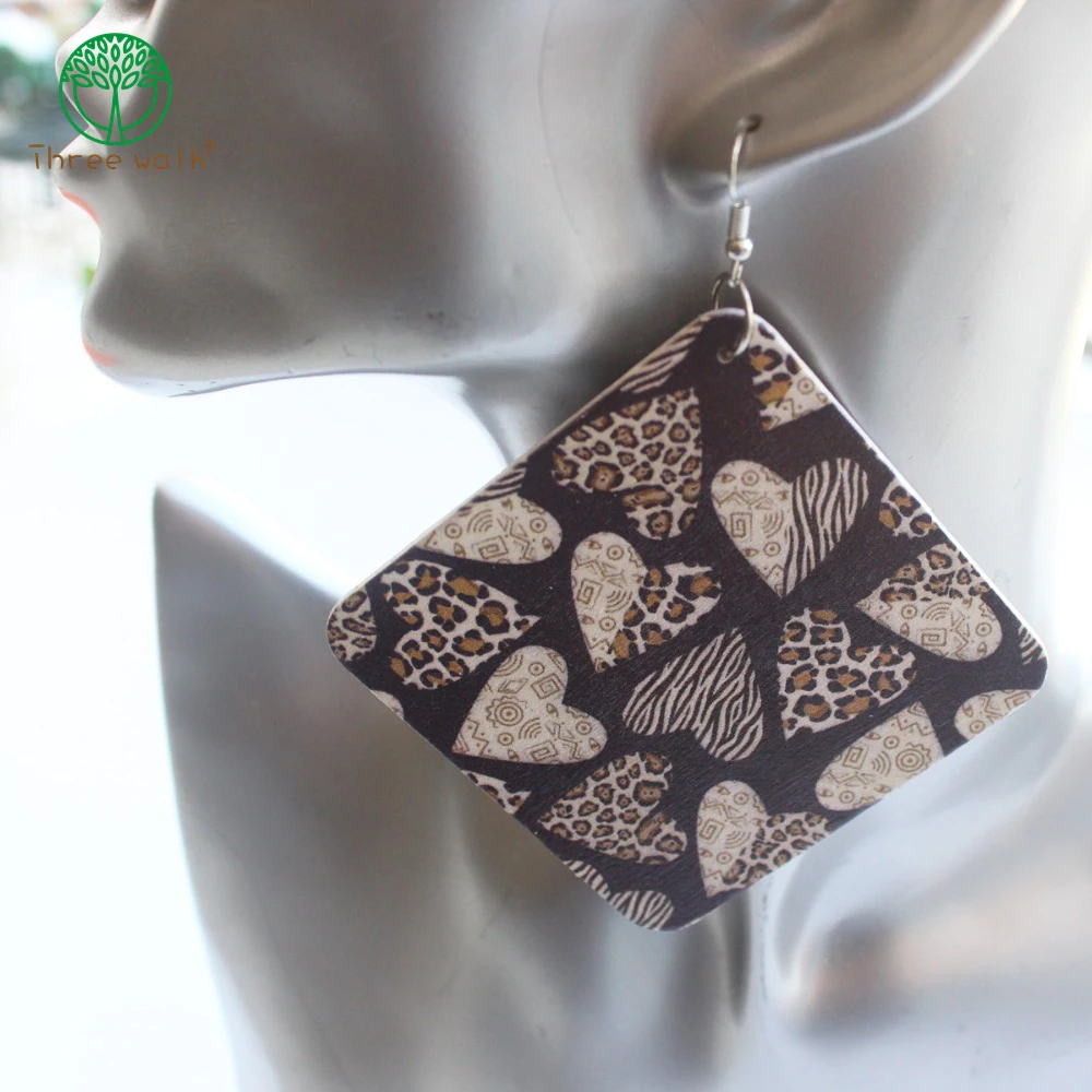 

E160 Sexy Leopard Print Heart European Square Wood Earrings Drops For Women