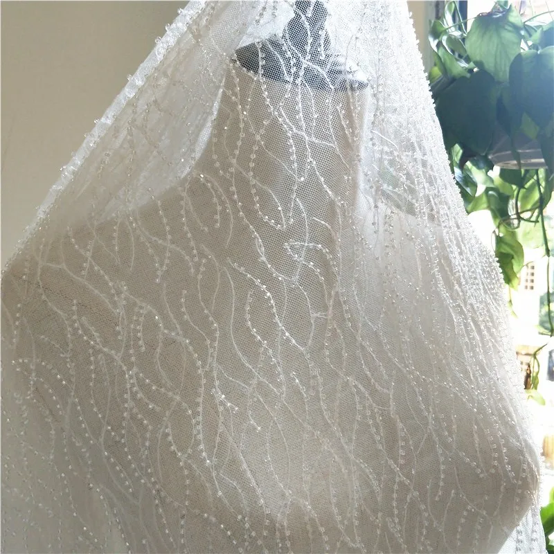 

130cm*90cm French beaded tulle Lace Fabric for wedding dress Shinning sequins raw white african lace embroidered applique 2019