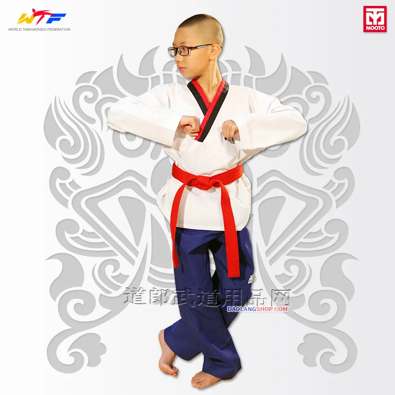 WTF Mooto Basic Poomsae костюм для тхэквондо официальная униформа мальчиков и девочек 100-200