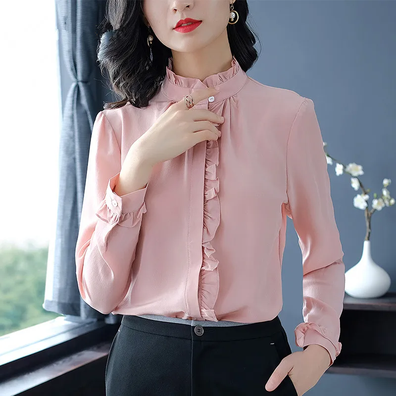 100% шелковая розовая блузка женский топ с оборками Женская Офисная белая рубашка