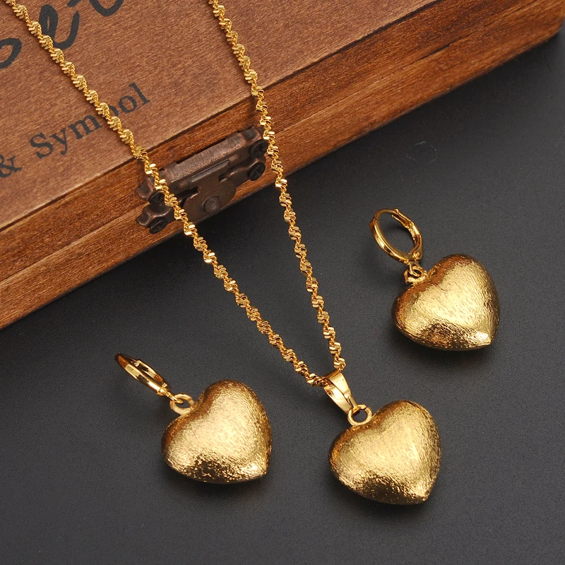 

african Habesha Set Ethiopia heart pendant Necklace/Earrings Gold Color Dubai Sudan women girls Wedding bridal jewelry Gift