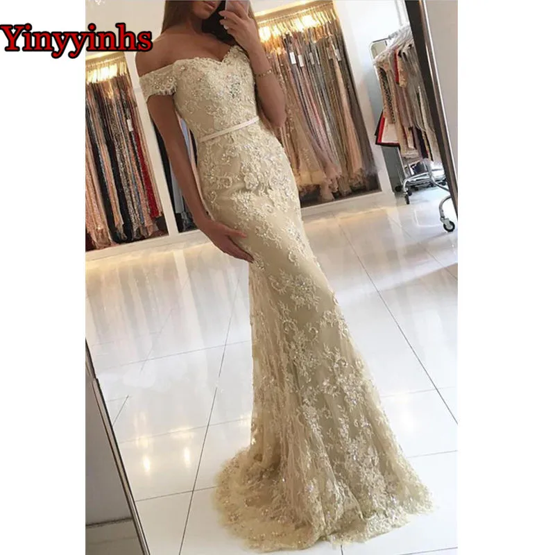 

Backless Champagne Long Party Dress Sweetheart Off The Shoulder Floor Length Lace Bridesmaid Dress Mermaid Prom Gowns YY127