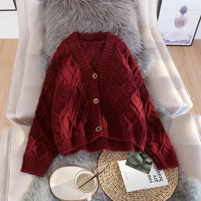 wine red Короткий женский вязаный кардиган свитер осень v-образный вырез кардиган женский негабаритный свитер куртка Джемперы трикотажные свитеры пальто C5688 - Цвет: wine red
