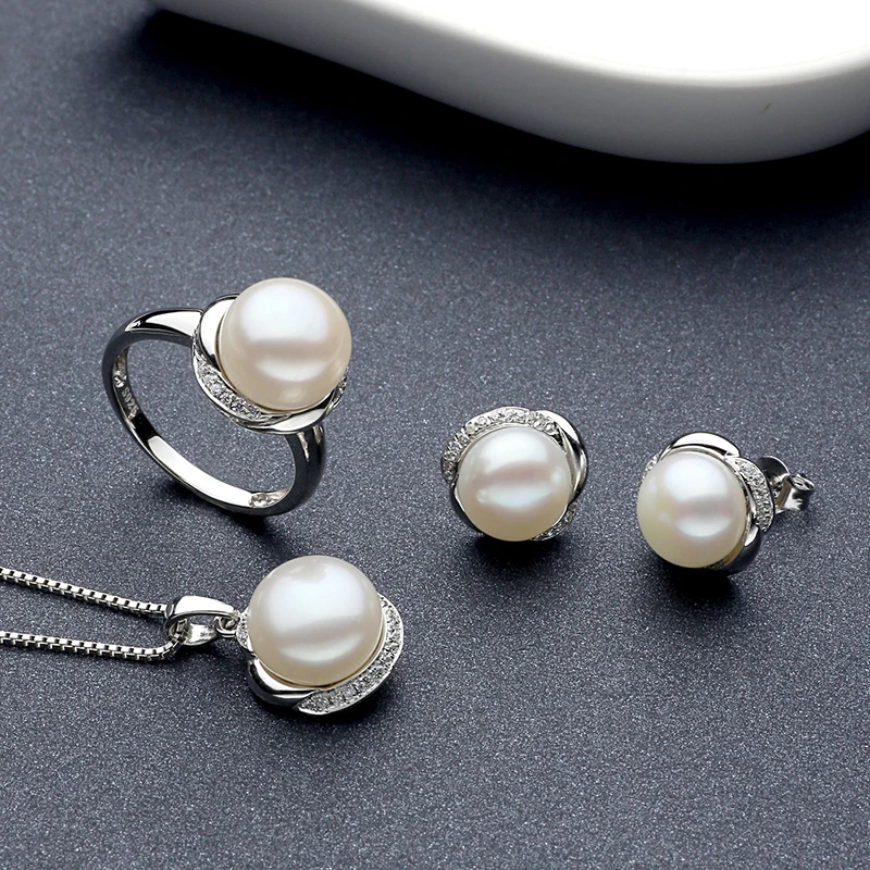 Sinya Fine jewelry Set Include Ring Earring and Necklace in 925 Sterling Silver with Natural Pearl diameter 10-11mm for women